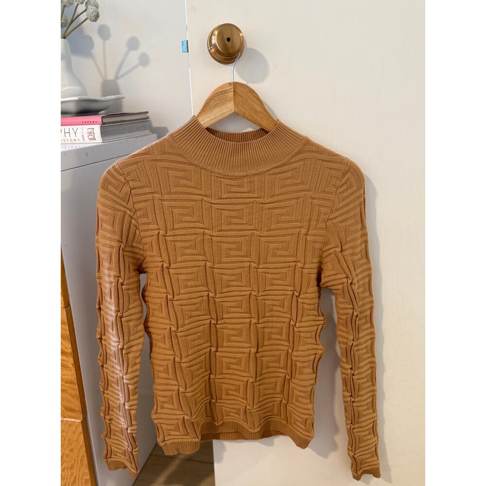 ✨ Jolie & Joy Textured Knit Mock Neck Sweater | Camel Geometric Pattern | Size L